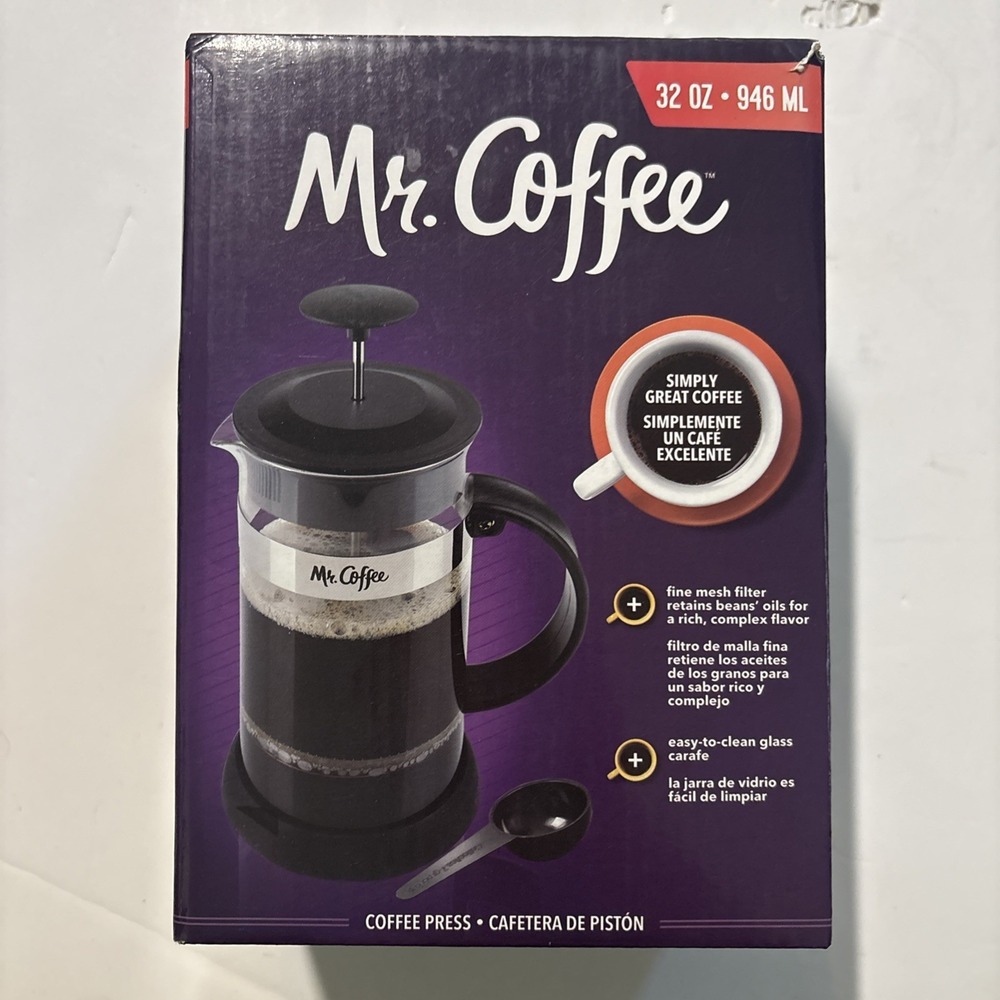 NEW Mr. Coffee 32oz Black Plastic‎ and Glass French Press Coffee Maker #60264.01